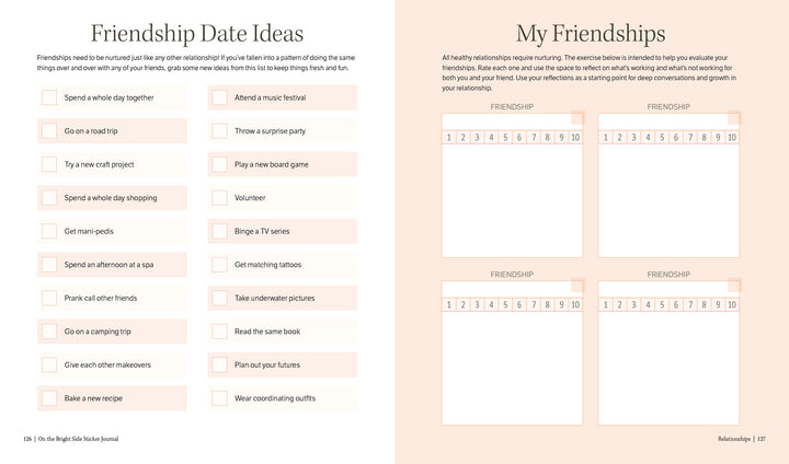 The On the Bright Side Sticker Journal by Schiffer Publishing, Ltd. features two creative pages: Friendship Date Ideas with activity checkboxes and My Friendships with four rating charts—ideal for your pastel-themed sticker journal.