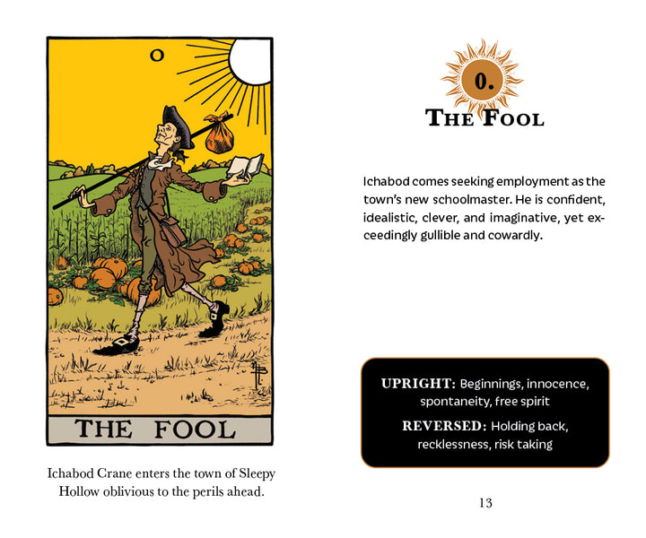 An illustration from The Legend of Sleepy Hollow Tarot by Schiffer Publishing, Ltd. shows the Fool: a cheerful man walking near a cliff with a stick and bundle, symbolizing self-discovery in this unique tarot deck’s interpretation.