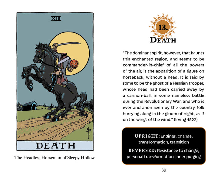 The Legend of Sleepy Hollow Tarot by Schiffer Publishing, Ltd. features a XIII Death card with the Headless Horseman on a black horse; its meaning notes upright—endings and change, reversed—resistance and inner purging.