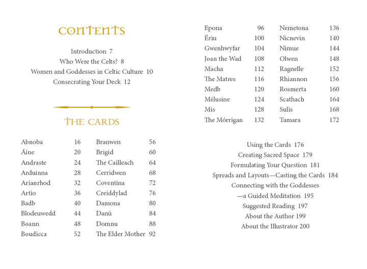 The "Celtic Goddesses, Witches, and Queens Oracle" by Schiffer Publishing, Ltd. features a table of contents with chapters, card names with page numbers, spreads, card use tips, and interpretations in gold and brown tones.