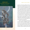 Illustrated page from "Celtic Goddesses, Witches, and Queens Oracle" by Schiffer Publishing, Ltd. shows a woman with antlers and feathers in a forest beside text about Abnoba, a Celtic goddess linked to mountains and springs.