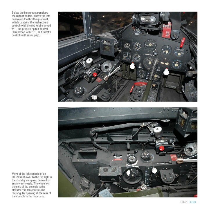 Two photos display the F8F Bearcat cockpit interior, highlighting panels filled with gauges, switches, and controls like red and silver levers. Published by Schiffer Publishing, Ltd., these images are set against a dark background.