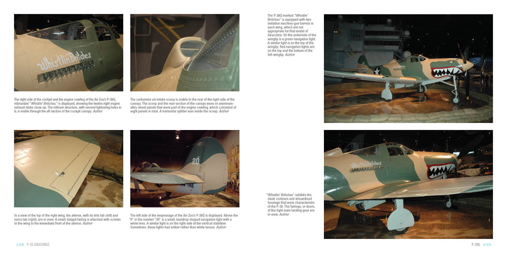 A collage of six photos of the P-39 Airacobra by Schiffer Publishing, Ltd. showcases close-ups and wide views, including the shark mouth nose art, tail fin, cockpit, landing gear, and camouflage in a Legends of Warfare museum display.
