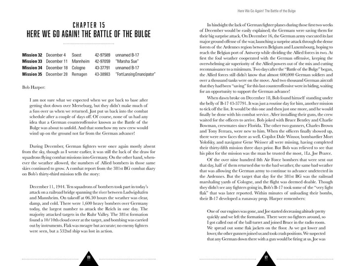 A two-column page from Flying Fortress Gunner by Schiffer Publishing, Ltd. lists WWII combat missions in December 1944 with dates, targets, codenames, and narrative on German strategies and 8th Air Force responses.