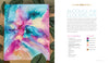 A vibrant abstract painting sits on a wooden shelf by plants. On the right, text details "Find Your Flow" by Schiffer Publishing, Ltd., an alcohol ink cloudscape guide with materials list, color key, and fluid art techniques.