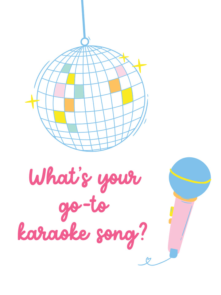 Illustration of a pastel disco ball and microphone with “What’s your go-to karaoke song?” in pink cursive on white—an icebreaker from You Can Ask Me Anything by Schiffer Publishing, Ltd., perfect for a tween and teen shared journal.