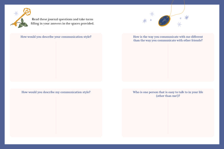 The Shared Diary Society for Friends by Schiffer Publishing, Ltd. is a teen journal page with four answer boxes to explore communication styles, featuring a blue-bordered design with a key, locket, and star—perfect for co-journaling or gifting friends.