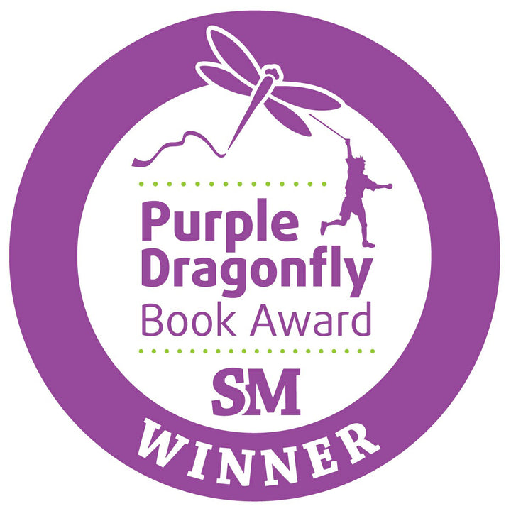Purple circular badge with a dragonfly and a child holding its tail, plus text: Purple Dragonfly Book Award SM WINNER—ideal for your "Hello, Garden!" sensory book from Schiffer Publishing, Ltd., or any toddler nature read.