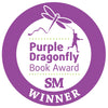 A purple circular badge with a dragonfly and a child’s silhouette. Text reads: Purple Dragonfly Book Award SM WINNER—perfect for fans of Geraldine and the Space Bees by Schiffer Publishing, Ltd., and stories about inventing for kids.