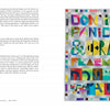 A two-page spread in Quarantine Quilts by Schiffer Publishing, Ltd. displays text on the left and a vibrant quilt on the right with the words “DON’T PANIC & BE BRAVE, FLATTEN THE CURVE, DON’T PANIC,” highlighting contemporary quarantine creations.