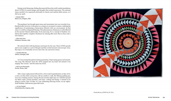 A book spread from "Quarantine Quilts" by Schiffer Publishing, Ltd. shows text on the left and a vibrant geometric quilt of spirals and triangles in orange, pink, green, and black on the right, highlighting the creativity of contemporary quilt artists.
