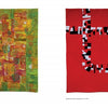 Two vibrant quilts from "Quarantine Quilts" by Schiffer Publishing, Ltd. are displayed: the left with green, yellow, and orange rectangles, the right mostly red with a striking abstract geometric pattern in black, white, and gray.
